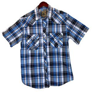 Western Pearl Snap Shirt Mens Large Plaid Cowboy Short Sleeve Blue Snap Front